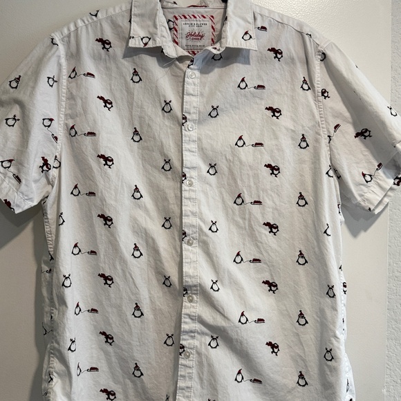 Denim & Flower “Holiday Cheer” Penguin Print Button-Up Shirt – White (XL) - Picture 1 of 6